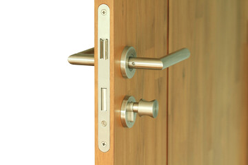 Obraz premium Door knob set installed on wooden door on transparent background 