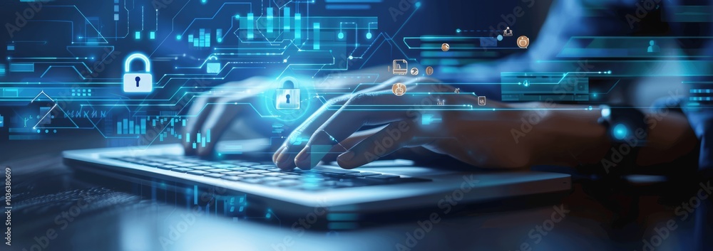 Poster Advanced Cyber Security System Protecting Online Data with Digital Padlock and Technology Icons