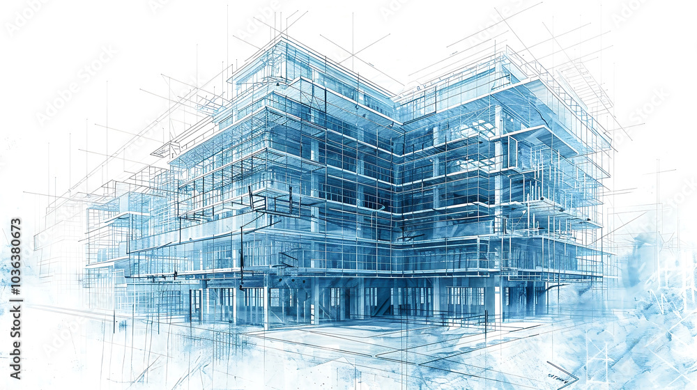 Poster architectural sketch drawing blueprint blue tone modern design building structure constriction lines