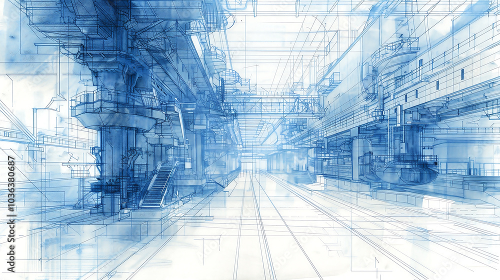 Poster architectural sketch drawing blueprint blue tone modern design building structure constriction lines