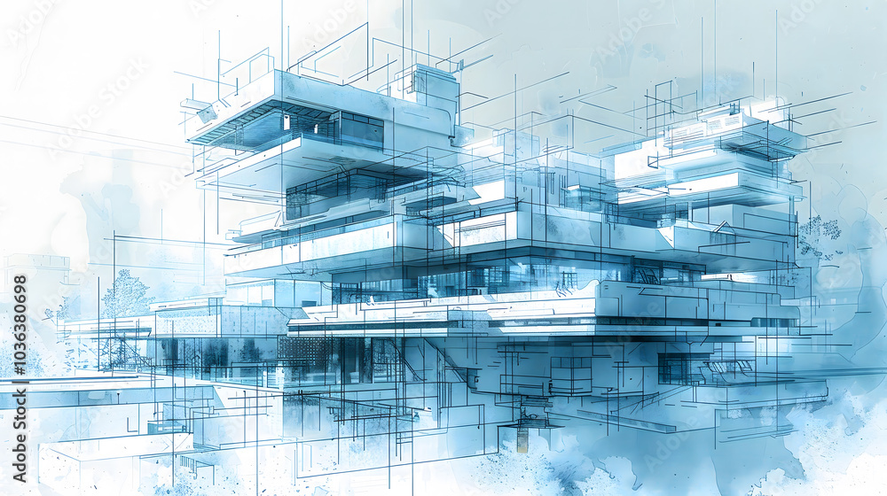 Poster architectural sketch drawing blueprint blue tone modern design building structure constriction lines