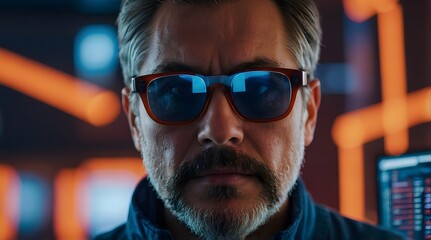 Fototapeta premium Professional in Futuristic Glasses with Augmented Reality Display, Immersed in Cybersecurity Data and Digital Innovation Environment.