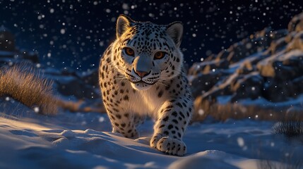 3D Elegant Snow Leopard Prowling Through Glowing Snowy Terrain