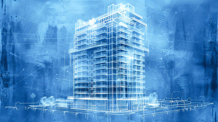 Fototapeta premium Architectural sketch drawing blueprint blue tone modern design building structure constriction lines perspective use for engineering concept illustration exterior framework detailed innovative layout