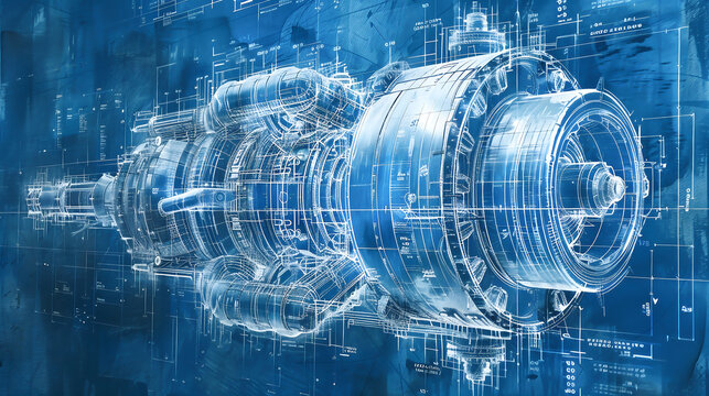 Digital detailed engine blueprint schematic design engineering technology mechanical aviation transparent line for industrial machinery turbine innovation aerospace futuristic concept illustration