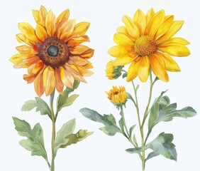 Obraz premium Watercolor Botanical Art - Sunflowers and Chrysanthemums Blooming