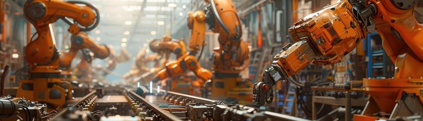 Industrial robots assembling parts in a modern manufacturing facility.