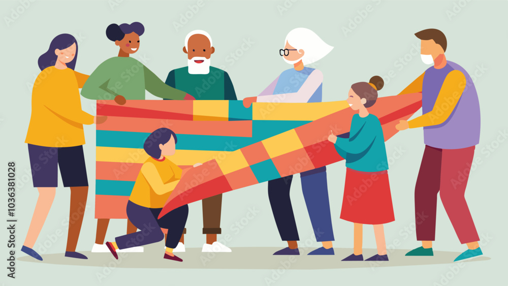 Poster Residents of all ages weaving together strips of recycled fabric to create a giant tapestry representing the unity of their community.. Vector illustration