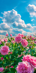 Fototapeta premium A large field of roses with green leaves against a blue cloudy sky, perfect for a screensaver or banner.