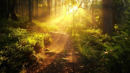 Fototapeta premium Sunbeams Illuminating a Forest Path