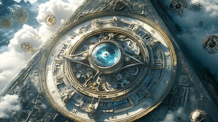 Obraz premium Aerial View of a Futuristic, Clockwork Structure with Flying Cogwheels