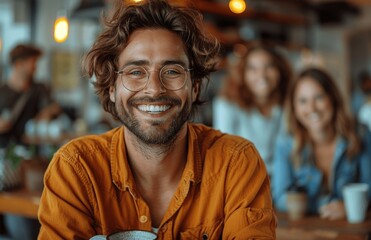 Fototapeta premium Young professionals laughing and enjoying coffee during morning break in modern office