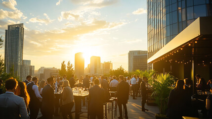 Business professionals networking at a rooftop event during sunset, with a city skyline in the background, creating a vibrant and sophisticated social atmosphere