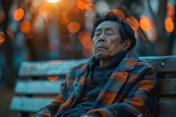Obraz premium Relaxed elderly man sitting on a park bench, warm colors, peaceful atmosphere.