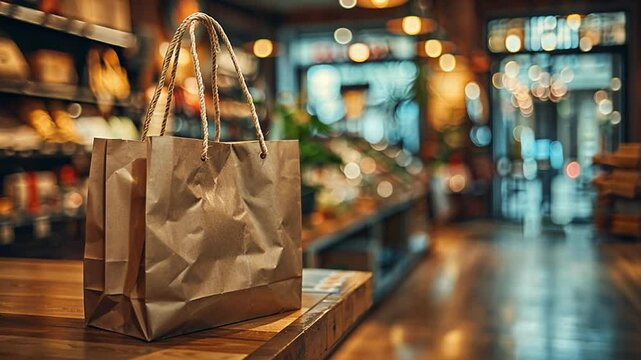 A crumpled paper shopping bag sits on a wooden table in a charming boutique with soft, warm lighting, creating a welcoming atmosphere during the evening.