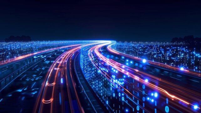 Binary Code Digital Highway with Light Trails on Dark Blue Background - Futuristic Technology Concept - Powered by Adobe