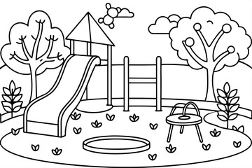 Fun Playground with Slide and Sandbox Illustration Play Area Coloring Book Page for Children
Children’s Outdoor Playground in Black and White
