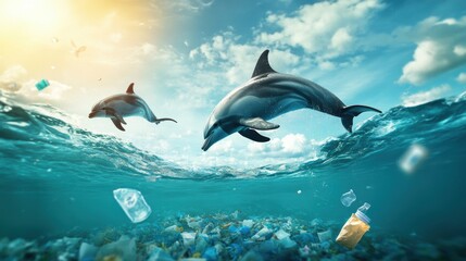 Obraz premium Dolphins Swimming in Polluted Ocean Environment