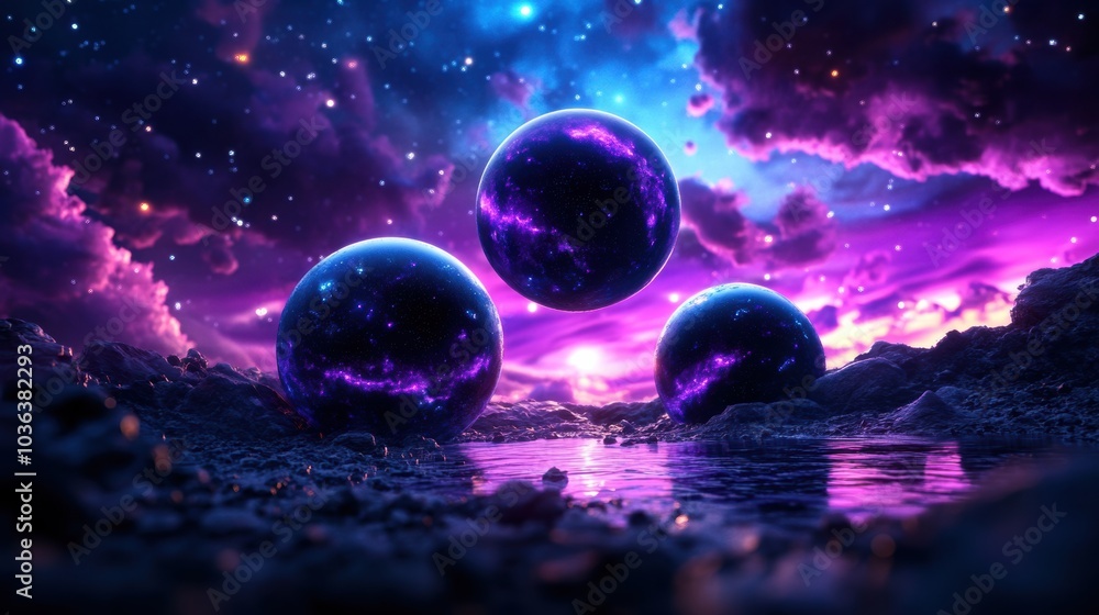 Poster cosmic abstraction with colorful celestial orbs