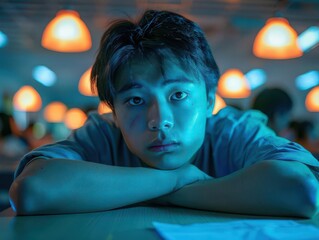 Thoughtful young man sitting with arms crossed, warm light ambiance.