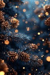 Golden Fireworks and Bokeh Lights on Dark Blue New Year Background