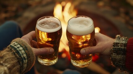 Cozy Gathering: Friends Holding Frosty Beers by Fire Pit