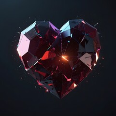Broken Low Poly Crystal Heart with Neon Cracks and Shattered Pieces