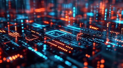Fototapeta premium Futuristic Digital Circuitry with Blue and Orange Lights