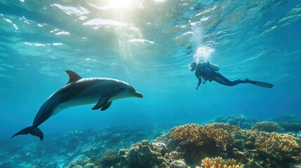 Fototapeta premium Dolphin Encounter Underwater in Coral Reef