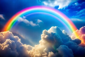 Mesmerizing rainbow over fluffy clouds in bright sky