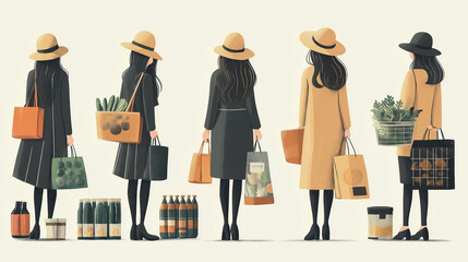 A series of illustrations depicting women in various outfits, each holding shopping bags or containers filled with organic products like fresh produce and eco-friendly packaging