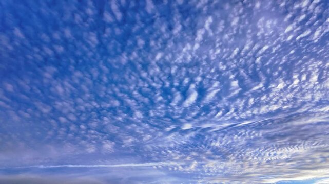 Serene timelapse of a patterned cloud formation over a clear sky, showcasing a vast expanse of small, fluffy clouds against the blue atmosphere. Meteorology concept. Perfect for weather enthusiasts