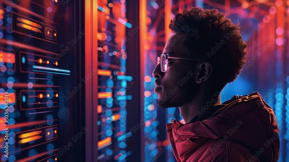 Fototapete A tech professional examines rows of data servers in a modern facility. The space is filled with colorful lights reflecting off the equipment, creating a dynamic atmosphere.