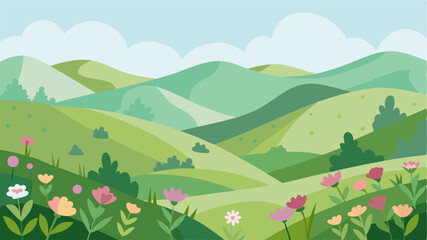 Verdant hills speckled with wildflowers their soft colors blending together like a watercolor painting.