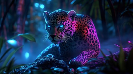 3D Fierce Leopard Crouching in a Glowing Neon Jungle for Dynamic Wildlife Decor