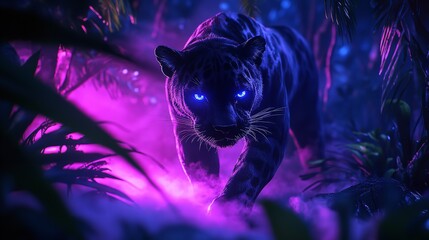 3D Fierce Panther Prowling Through a Neon Lit Jungle