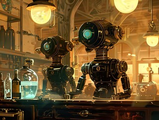 Steampunk Robots Enjoying Drinks at a Futuristic Bar