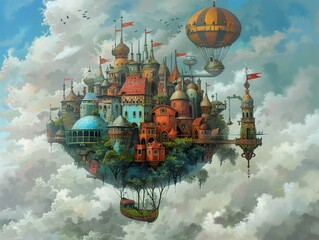 Obraz premium Floating City in the Clouds: A Whimsical Fantasy Cityscape