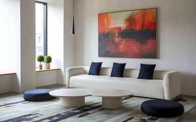 Modern Minimalist Living Room with Blue Pillows and Concrete Wall Aesthetic