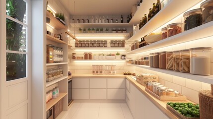 Minimalist pantry, soft lighting