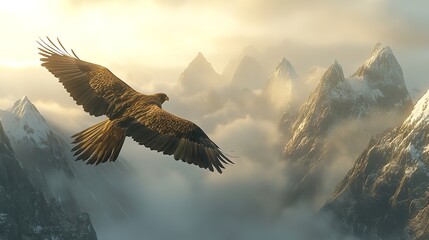 Fototapeta premium Majestic 3D Golden Eagle Soaring Through Misty Mountain Peaks