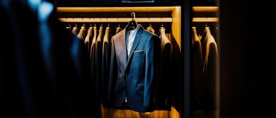 Naklejka premium Elegant blue suit hanging in a modern closet with warm lighting, showcasing fashion and style in a sophisticated setting.