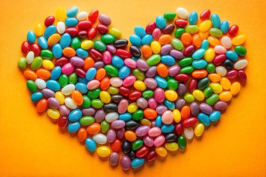 Heart-shaped jelly bean arrangement on yellow background