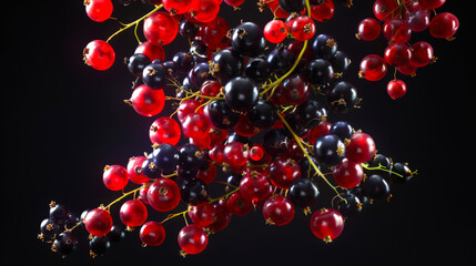 Close-up of several sprigs of red and black currants. Ripe and juicy currant berries on a black background. A natural product. Healthy eating