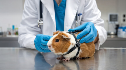 Veterinarian carefully examining calm guinea pig on examination table