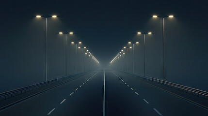An empty highway stretching into the distance, illuminated by rows of tall streetlights. The smooth, unbroken pavement and faint glow of the lights create a quiet, almost surreal atmosphere.