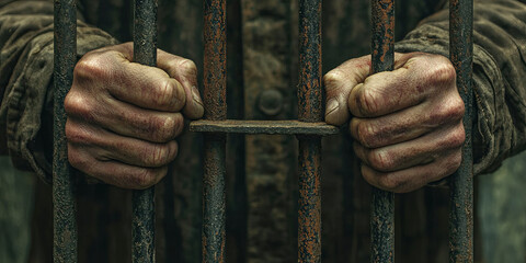 Close up of hands holding prison bars, generative AI