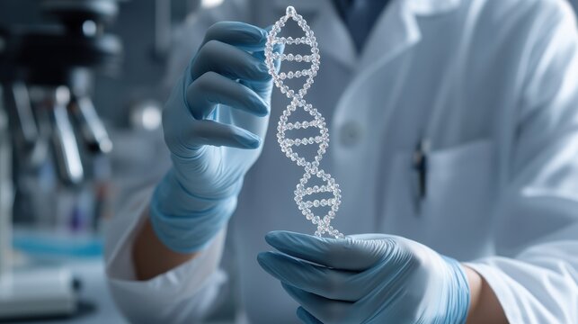 A scientist in a lab holds a model of DNA, showcasing biotechnology in research and innovation.