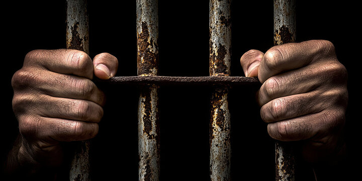 Close up of hands holding prison bars, generative AI