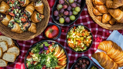 A vibrant picnic spread featuring assorted croissants, fruits, and salads on a red checkered blanket.